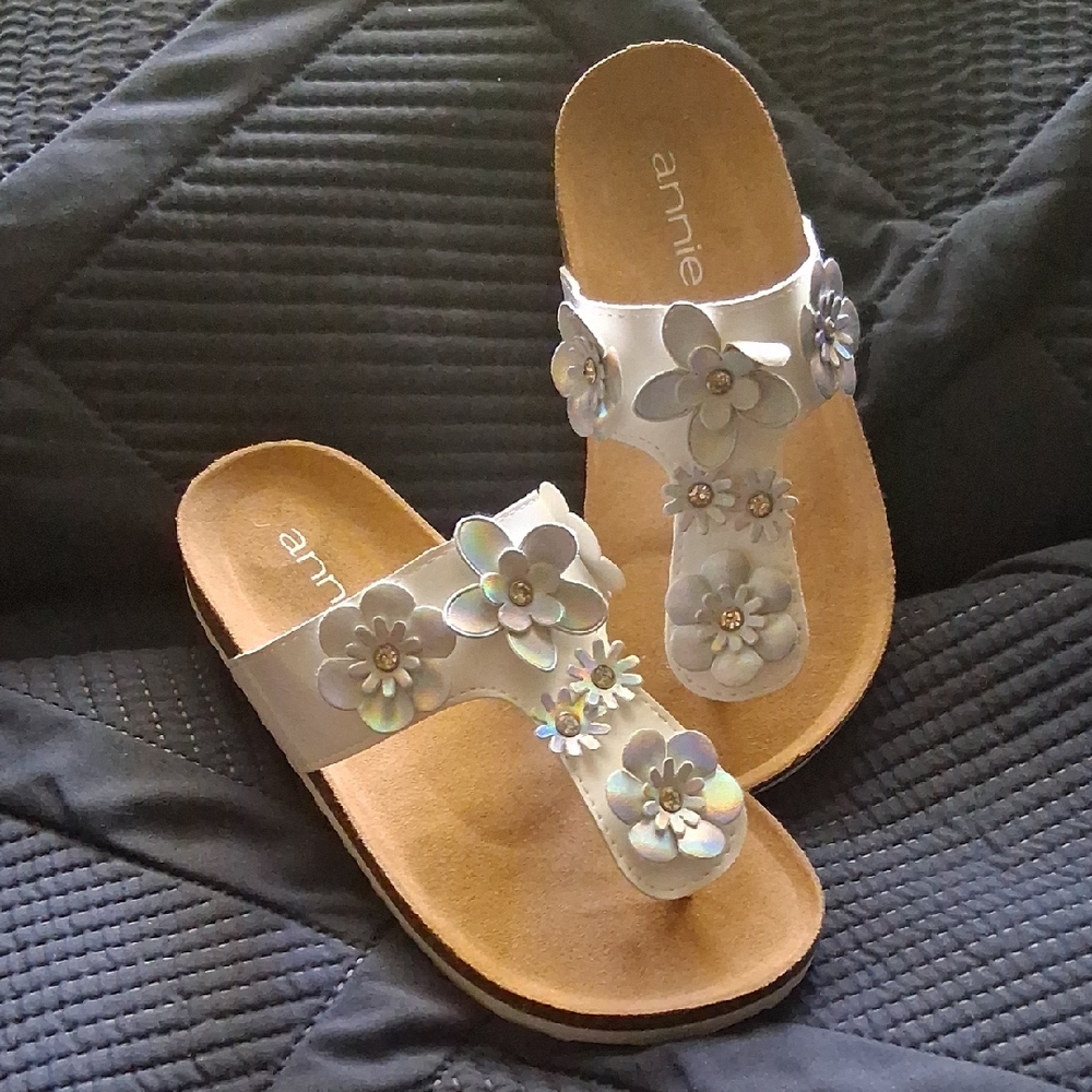 White Annie Sandals with Floral Accents